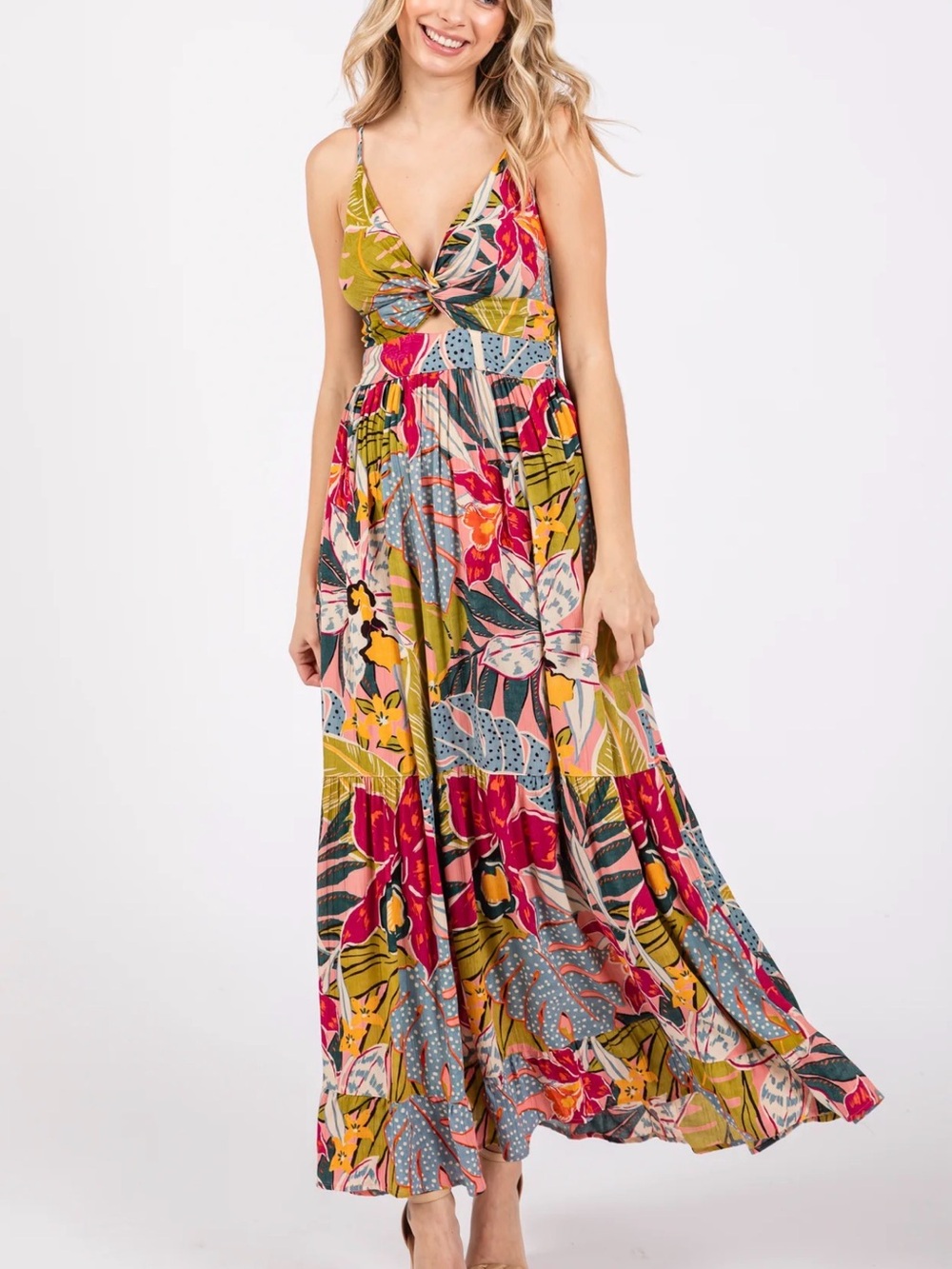Angie Tropical Floral V-Neck Maxi Dress in Pink, Yellow & Green